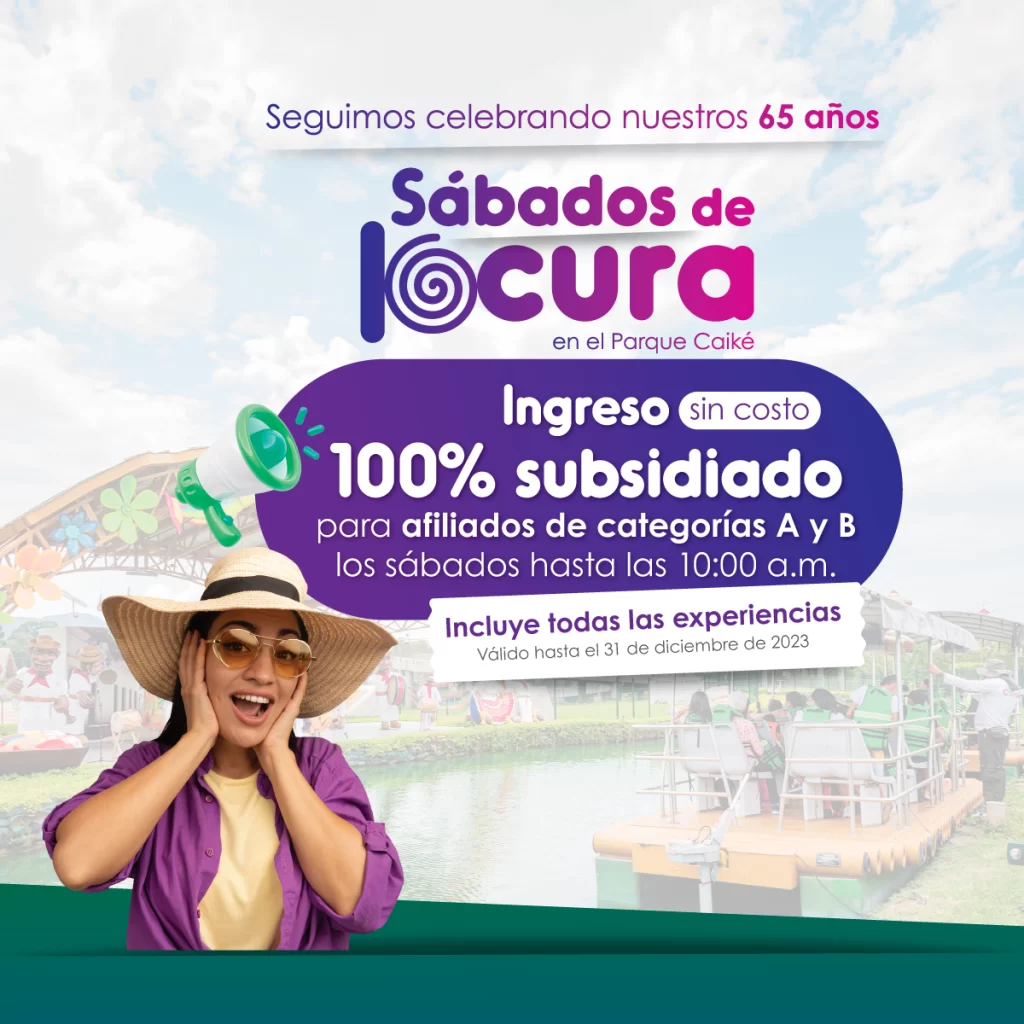 ¿Quieres vivir todas las experiencias del parque? 🎉 Si te encantan los deportes extremos, la música y el folclor de nuestro departamento disfruta todos los sábados con ingreso 100% subsidiado (sin costo) para afiliados Cat A y B