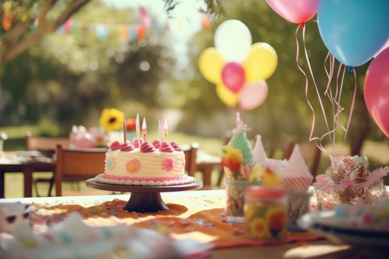mesa con una torta de cumpleaños y bombas de colores en el Parque Caiké