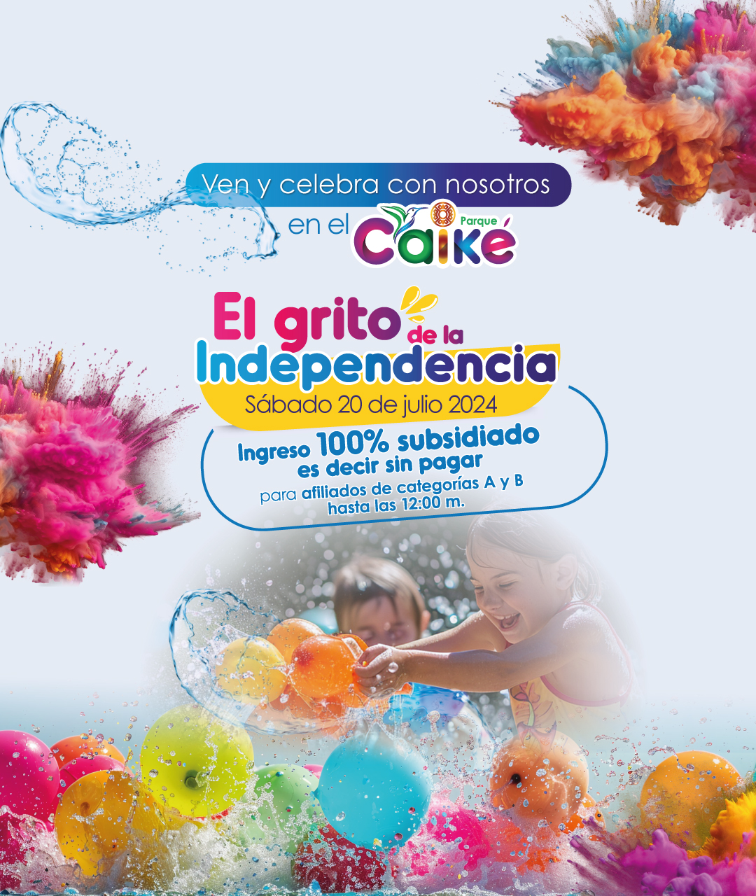 Niña feliz celebra la independencia de Colombia en el Parque Caiké del Tolima con globos de agua y colores